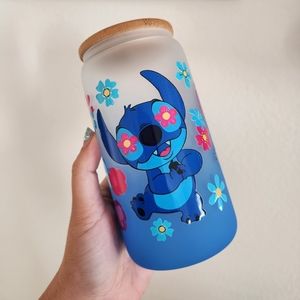Stitch Flowers 16oz frosted glass cup